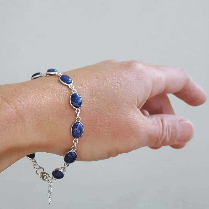 Ancien Bracelet Jonc En Argent Avec Lapis Lazuli - Occasion Vintage