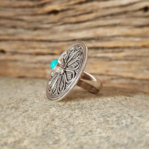 Bague ethnique ajustable argent et turquoise